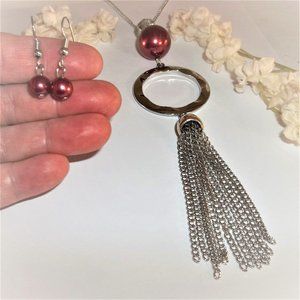 Jewelry Set Long Silver and Red Faux Pearl Necklace Dangle Earring Beaded A552